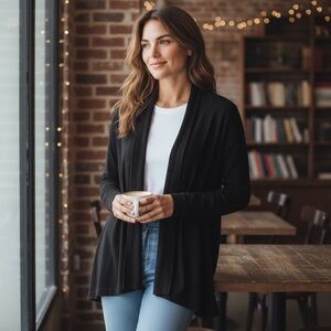 Athleta XL Black Nirvana Fabric Open Front Wrap Cardigan Cozy Relaxed Athleisure